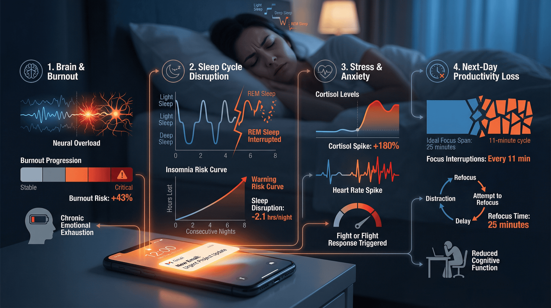 Infographic showing the cascade of harmful effects from nighttime email notifications: midnight ping triggers brain stress, sleep disruption, cortisol rise, and next-day productivity loss